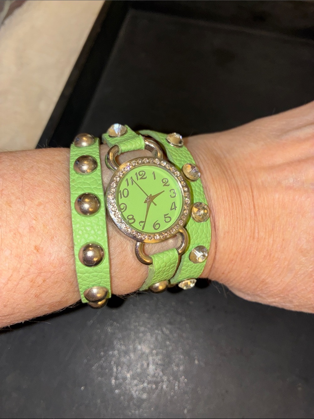Green Studded Wrap Watch with Crystal-Trim Dial